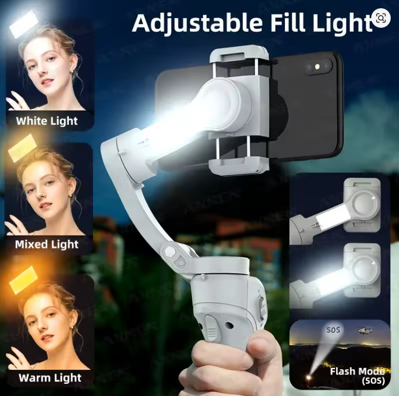 Estabilizador Cardán HQ6 de 3 Ejes para Móvil con Luz LED y Control IA | Android & iPhone