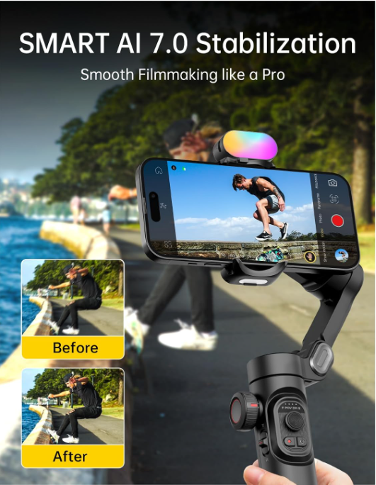 Estabilizador Cardán HQ6 de 3 Ejes para Móvil con Luz LED y Control IA | Android & iPhone