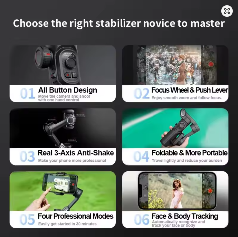 Estabilizador de cardán portátil de 3 ejes SmartXE para teléfono inteligente para iPhone Android AI Seguimiento facial