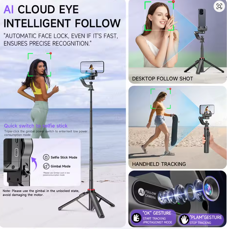 Estabilizador Tipode Cardán de Mano C22 Multifuncional 3 en 1 con Seguimiento Facial por IA y Control Remoto