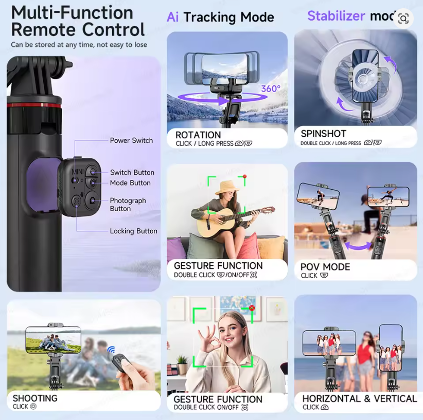 Estabilizador Tipode Cardán de Mano C22 Multifuncional 3 en 1 con Seguimiento Facial por IA y Control Remoto