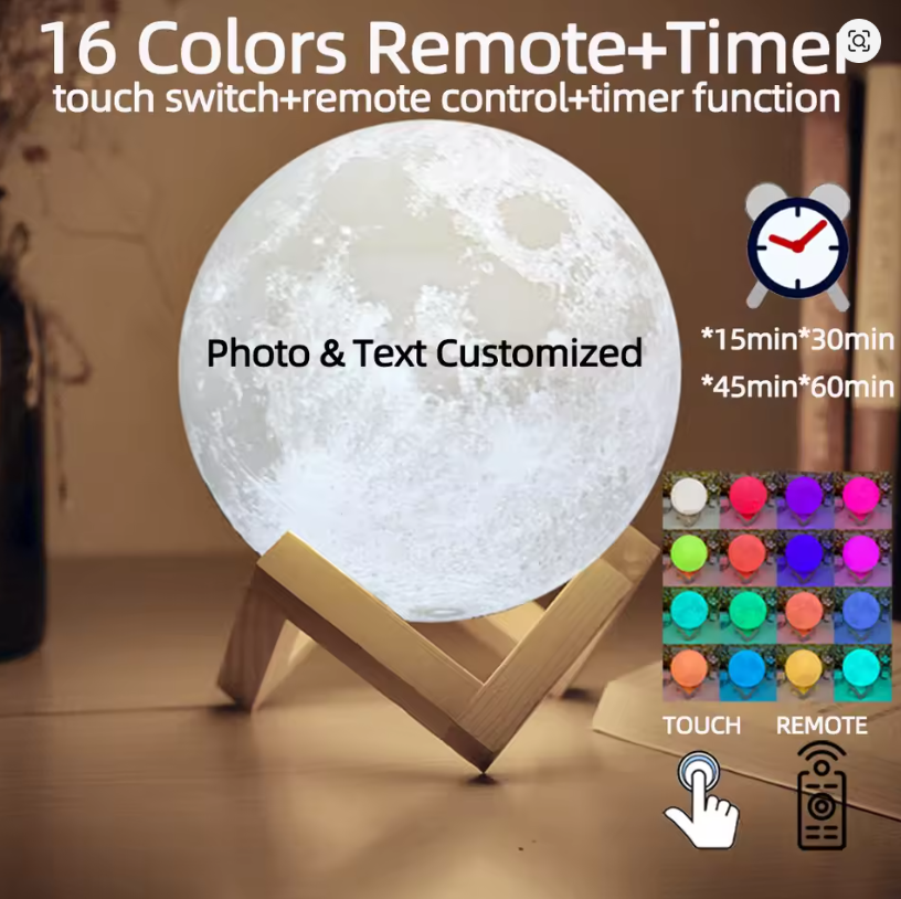 Lámpara de Luna 3D 10 CM Personalizada: Regalo Único con Foto y Texto, 16 Colores y Temporizador