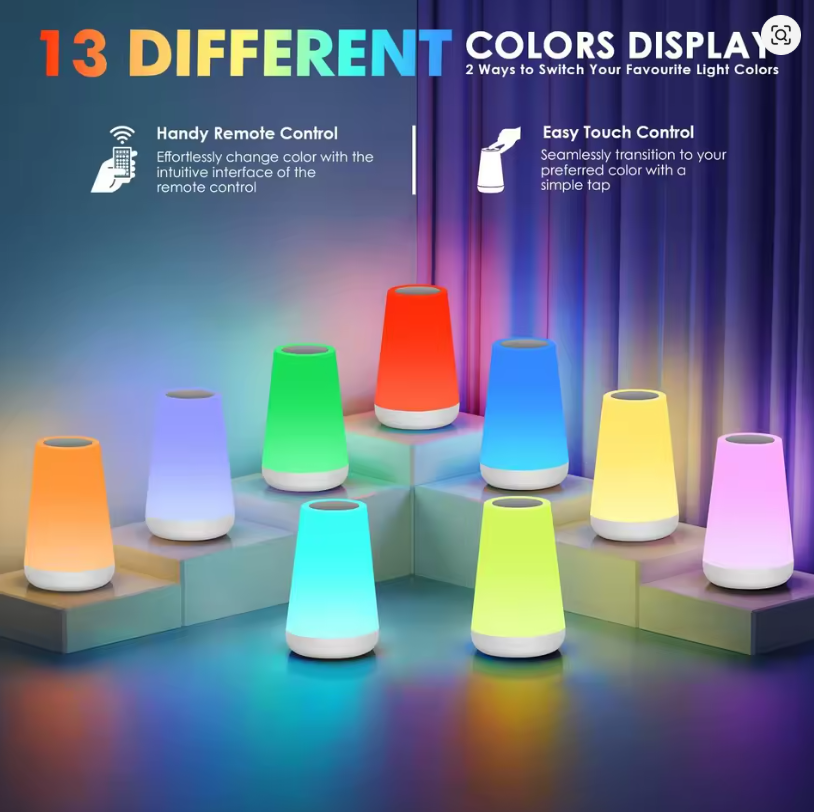 Luz LED Nocturna RGB: 13 Colores, Control Táctil y Remoto, Recargable USB para tu Mesita de Noche